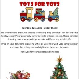 Share the Magic of Giving this Holiday Season! Donate to our toy drive hosted by @toysfortotsofficial and bring joy to a child’s heart. Together, let’s make a difference! 🎄🎁 #ToysForTots #Community #HolidaySpirit #BestInTheWest #DTWS Instagram post from @westendstationapts on November 08, 2024 07:50:00am