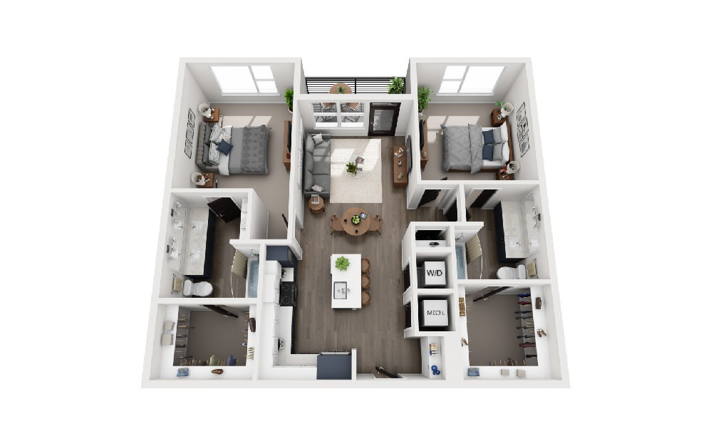 B1 - 2 bedroom floorplan layout with 2 baths and 1101 to 1118 square feet.
