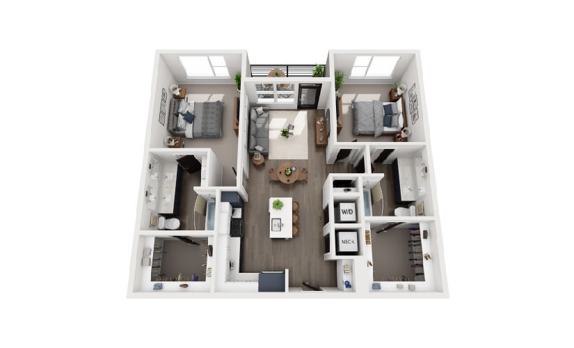 B1 - 2 bedroom floorplan layout with 2 bathrooms and 1101 - 1118 square feet